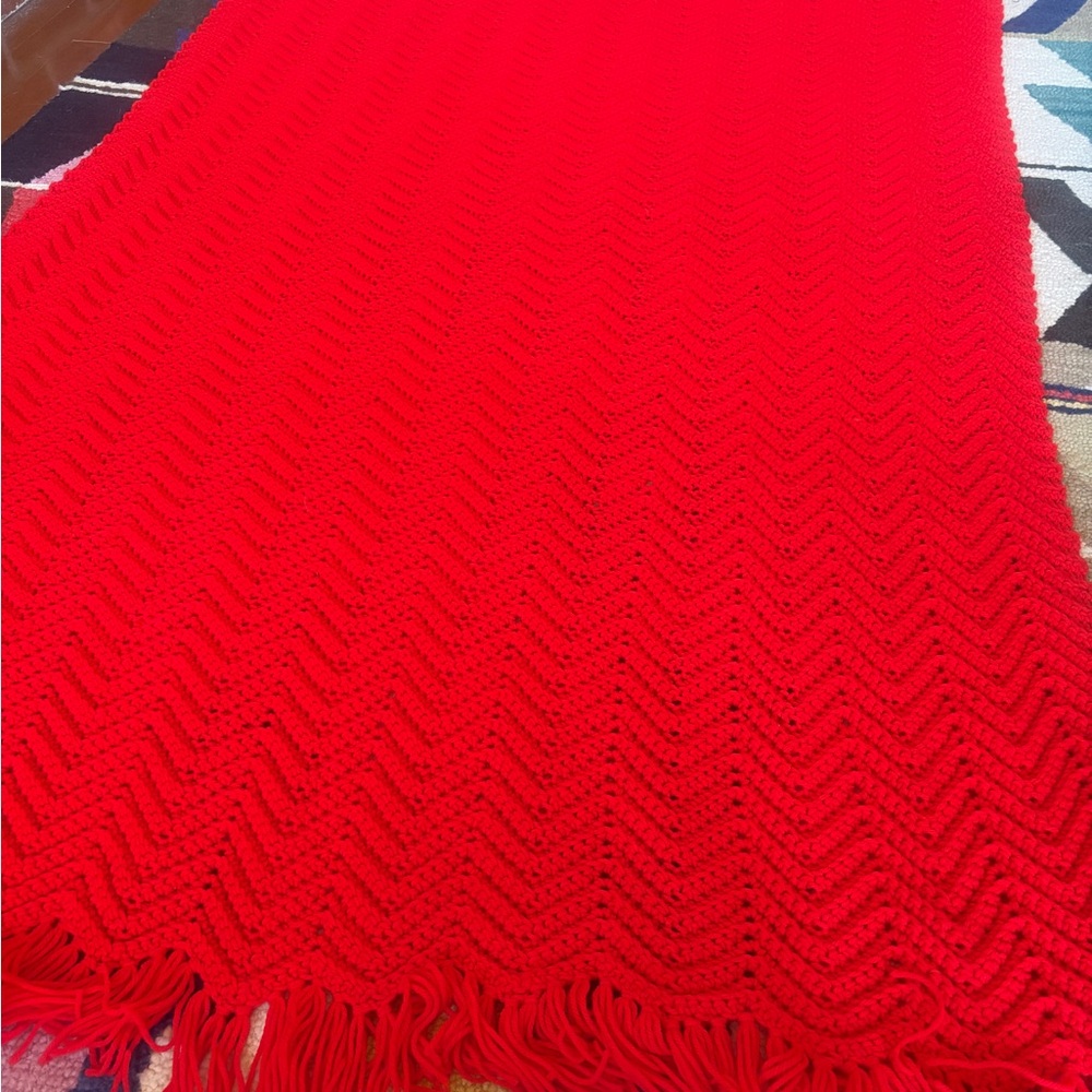 Like new handmade bright red chevron crochet blanket. No flaws. The pop of red! - Picture 2 of 3
